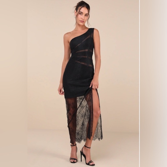 Lulu's Black One-Shoulder Lace Dress - Picture 1 of 10